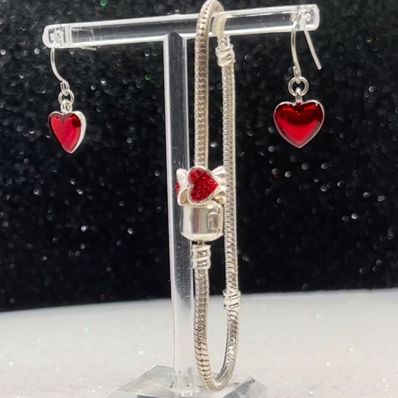 Vintage ❤️ Enameled Heart Earrings & Red Rhinestone ❤️PGDA 925 Charm & Bracelet - Picture 6 of 6